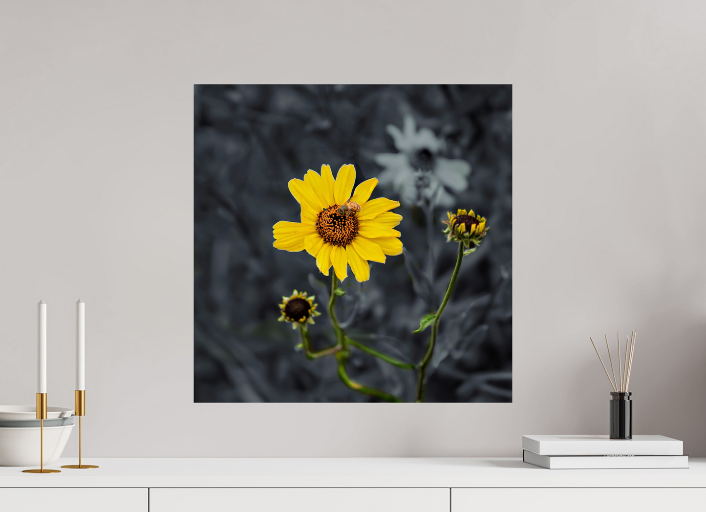 Bee on Sunflower with Plants | Fine Art Nature Photography Print